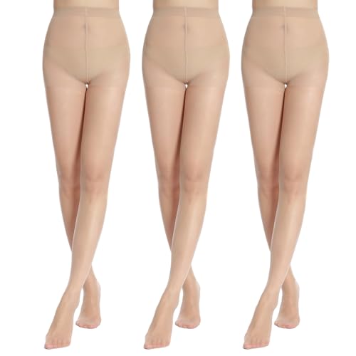 G&Y 3 Paare transparente Strumpfhosen für Frauen, 20 Denier transparente Nylon Strumpfhose Verstärkte Zehenstrumpf Socken (Nackt, M) von G&Y