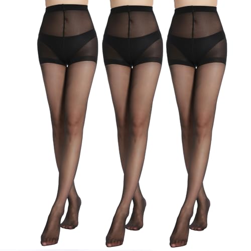 G&Y 3 Paare Schwarz Strumpfhosen für Damen, 20 Den Nylon Strumpfhose Transparente Komfortbund Feinstrumpfhose verstärkte Fußspitze von G&Y