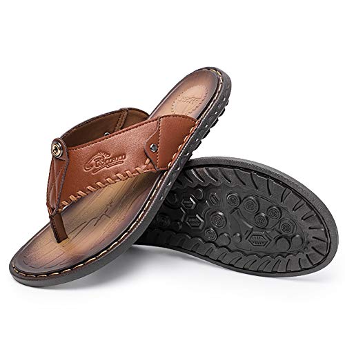 G&F Herren Leder Flip Flops Strand Sommer Clip Toe Hausschuhe Gummisohle Anti-Rutsch Leicht Große Größe 38-46 (Color : Brown, Size : 44) von G.F.