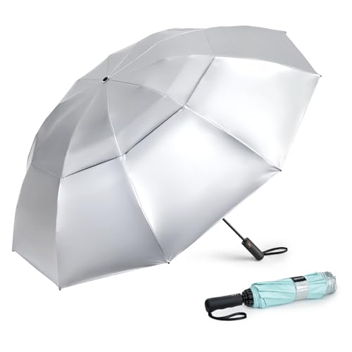 G4Free 157 cm großer Golf-UV-Regenschirm, kompakt, umgekehrt, Reise-Sonnenschutz, 10 Rippen, winddicht für Regen, Doppeldach, automatisches Öffnen und Schließen (Silber/Seeblau) von G4Free