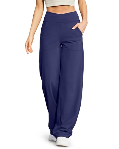 G4Free Damen Weite Hose Yogahose Hohe Taille Jogginghose mit Taschen Crossover Elegant Straighthose Bauchkontrolle Schlaghose Sporthose Petite/Regulär/Lang von G4Free