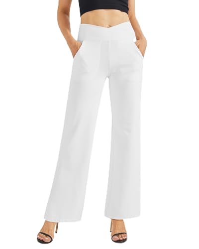 G4Free Damen Weite Hose Yogahose Hohe Taille Jogginghose mit Taschen Crossover Elegant Straighthose Bauchkontrolle Schlaghose Sporthose Petite/Regulär/Lang von G4Free
