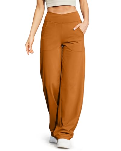 G4Free Damen Weite Hose Yogahose Hohe Taille Jogginghose mit Taschen Crossover Elegant Straighthose Bauchkontrolle Schlaghose Sporthose Petite/Regulär/Lang von G4Free