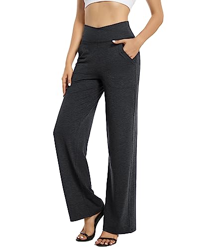 G4Free Damen Weite Hose Yogahose Hohe Taille Jogginghose mit Taschen Crossover Elegant Straighthose Bauchkontrolle Schlaghose Sporthose Petite/Regulär/Lang von G4Free