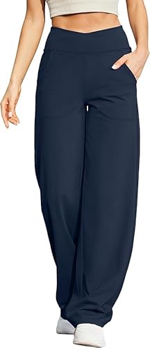 G4Free Damen Weite Hose Yogahose Hohe Taille Jogginghose mit Taschen Crossover Elegant Straighthose Bauchkontrolle Schlaghose Sporthose Petite/Regulär/Lang von G4Free