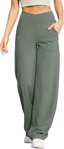 G4Free Damen Weite Hose Yogahose Hohe Taille Jogginghose mit Taschen Crossover Elegant Straighthose Bauchkontrolle Schlaghose Sporthose Petite/Regulär/Lang von G4Free