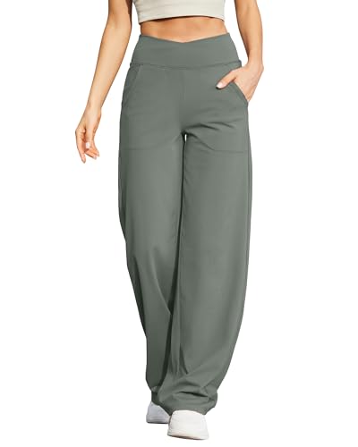 G4Free Damen Weite Hose Yogahose Hohe Taille Jogginghose mit Taschen Crossover Elegant Straighthose Bauchkontrolle Schlaghose Sporthose Petite/Regulär/Lang von G4Free