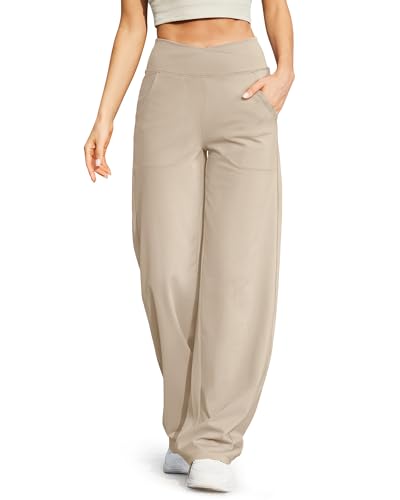 G4Free Damen Weite Hose Yogahose Hohe Taille Jogginghose mit Taschen Crossover Elegant Straighthose Bauchkontrolle Schlaghose Sporthose Petite/Regulär/Lang von G4Free