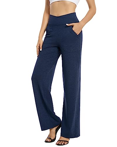 G4Free Damen Weite Hose Yogahose Hohe Taille Jogginghose mit Taschen Crossover Elegant Straighthose Bauchkontrolle Schlaghose Sporthose Petite/Regulär/Lang von G4Free