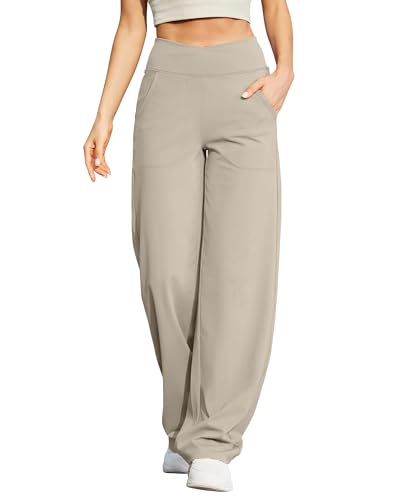 G4Free Damen Weite Hose Yogahose Hohe Taille Jogginghose mit Taschen Crossover Elegant Straighthose Bauchkontrolle Schlaghose Sporthose Petite/Regulär/Lang von G4Free