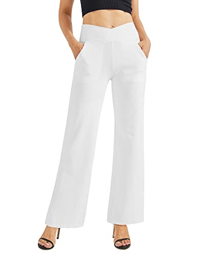 G4Free Damen Weite Hose Yogahose Hohe Taille Jogginghose mit Taschen Crossover Elegant Straighthose Bauchkontrolle Schlaghose Sporthose Petite/Regulär/Lang von G4Free