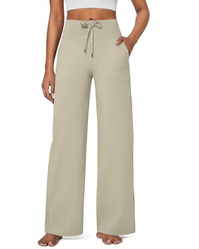 G4Free Yogahose Damen Jogginghose Baggy Hose Weite Bein Sporthose Freizeithose Elegant Straighthose mit Drawstring Taschen Weich Bequeme Anzughose Geschäft Arbeit für Arbeiten(Aprikose,L) von G4Free