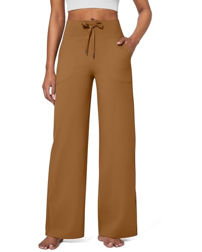 G4Free Yogahose Damen Jogginghose Baggy Hose Weite Bein Sporthose Freizeithose Elegant Straighthose mit Drawstring Taschen Weich Bequeme Anzughose Geschäft Arbeit für Arbeiten(Petite,Coca-Mokka,XL) von G4Free