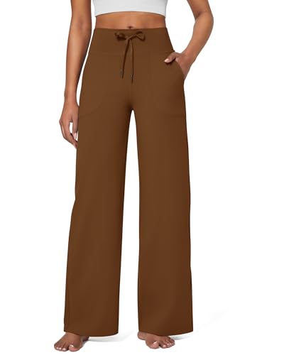 G4Free Yogahose Damen Jogginghose Baggy Hose Weite Bein Sporthose Freizeithose Elegant Straighthose mit Drawstring Taschen Weich Bequeme Anzughose Geschäft Arbeit für Arbeiten(Petite,Dark Coffee,M) von G4Free