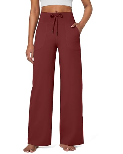 G4Free Yogahose Damen Jogginghose Baggy Hose Weite Bein Sporthose Freizeithose Elegant Straighthose mit Drawstring Taschen Weich Bequeme Anzughose Geschäft Arbeit(Dunkles Burgunderrot,L) von G4Free