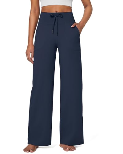 G4Free Yogahose Damen Jogginghose Baggy Hose Weite Bein Sporthose Freizeithose Elegant Straighthose mit Drawstring Taschen Weich Bequeme Anzughose Geschäft Arbeit(Tall,Dunkles Marineblau,L) von G4Free