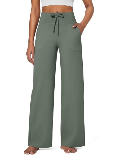 G4Free Yogahose Damen Jogginghose Baggy Hose Weite Bein Sporthose Freizeithose Elegant Straighthose mit Drawstring Taschen Weich Bequeme Anzughose Geschäft Arbeit für Arbeiten(Grey Sage,M) von G4Free