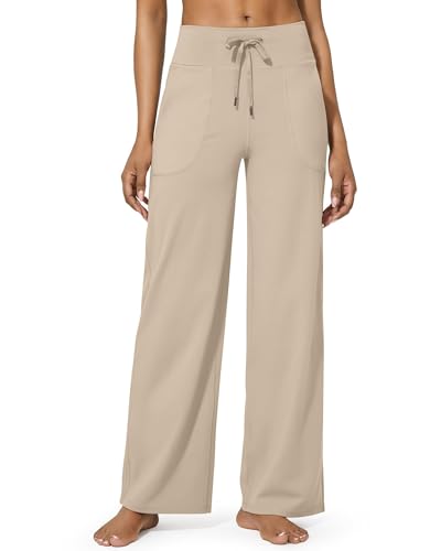 G4Free Yogahose Damen Jogginghose Baggy Hose Weite Bein Sporthose Freizeithose Elegant Straighthose mit Drawstring Taschen Weich Bequeme Anzughose Geschäft Arbeit für Arbeiten(Petite,Khaki,XXL) von G4Free