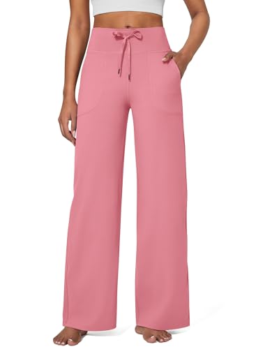 G4Free Yogahose Damen Jogginghose Baggy Hose Weite Bein Sporthose Freizeithose Elegant Straighthose mit Drawstring Taschen Weich Bequeme Anzughose Geschäft Arbeit für Arbeiten(Tall,Rose,XL) von G4Free