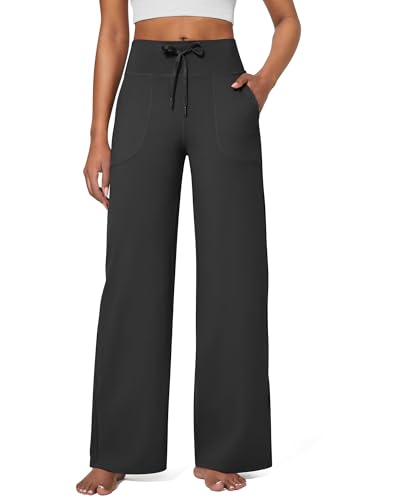 G4Free Yogahose Damen Jogginghose Baggy Hose Weite Bein Sporthose Freizeithose Elegant Straighthose mit Drawstring Taschen Weich Bequeme Anzughose Geschäft Arbeit für Arbeiten(Schwarz,L) von G4Free