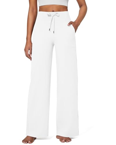 G4Free Yogahose Damen Jogginghose Baggy Hose Weite Bein Sporthose Freizeithose Elegant Straighthose mit Drawstring Taschen Weich Bequeme Anzughose Geschäft Arbeit für Arbeiten(Petite,Weiß,XL) von G4Free
