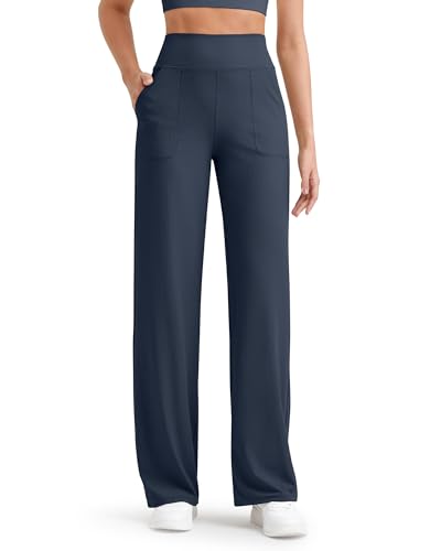 G4Free High Waist Hosen Damen Sporthose Lang Yogahose Weites Bein Jogginghose Gerippte Stretch Leichte Freizeithose mit Taschen Lang(Dunkles Marineblau,XXL) von G4Free
