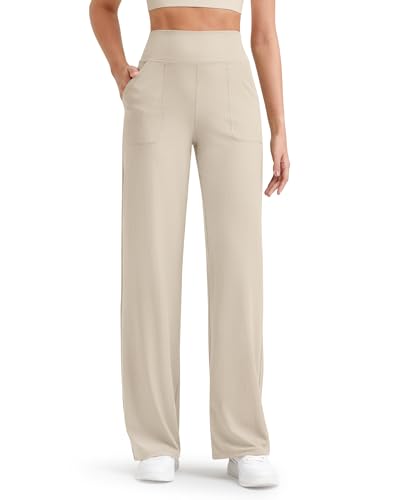 G4Free Hohe Taille Yogahose Weites Bein Hose mit Taschen Gerippte Comfy Atmungsaktiv Jogginghose Leichte Straighthose Petite/Regulär/Lang von G4Free