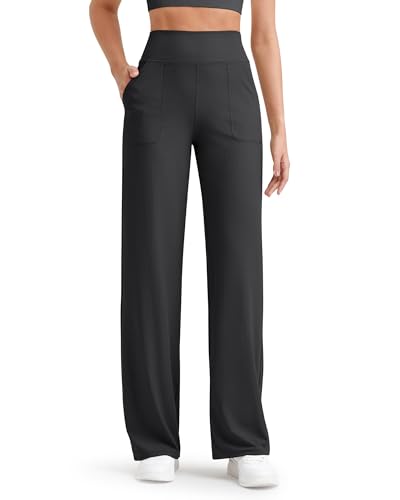G4Free High Waist Hosen Damen Sporthose Lang Yogahose Weites Bein Jogginghose Gerippte Stretch Leichte Freizeithose mit Taschen Petite(Schwarz,L) von G4Free