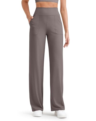 G4Free Hohe Taille Yogahose Weites Bein Hose mit Taschen Gerippte Comfy Atmungsaktiv Jogginghose Leichte Straighthose Petite/Regulär/Lang von G4Free