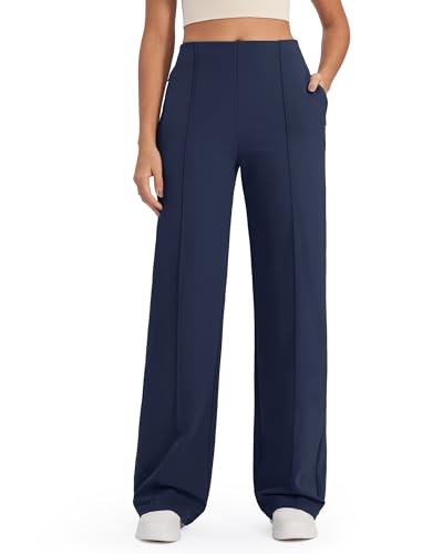 G4Free Hosen Damen Weites Bein Yogahose Sporthose Lang Hohe Taille Freizeithose Business Arbeitshose Stretch Anzughose mit Taschen(Marineblau,XXL) von G4Free