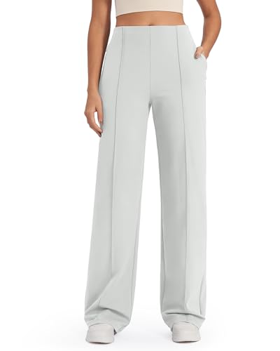 G4Free Hosen Damen Weites Bein Yogahose Sporthose Lang Hohe Taille Freizeithose Business Arbeitshose Stretch Anzughose mit Taschen Petite(Hellgrau,M) von G4Free