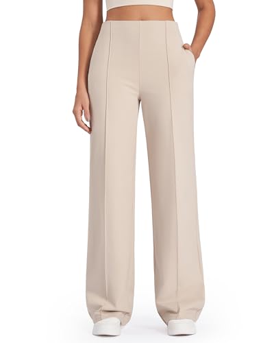 G4Free Hosen Damen Weites Bein Yogahose Sporthose Lang Hohe Taille Freizeithose Business Arbeitshose Stretch Anzughose mit Taschen Tall(Khaki,XXL) von G4Free