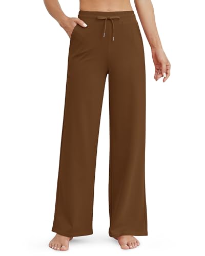 G4Free Weites Bein Jogginghose Damen Sporthose Lang Yogahose Kordelzug High Waist Hose Freizeithose mit Taschen Klein(Dark Coffee,XL) von G4Free