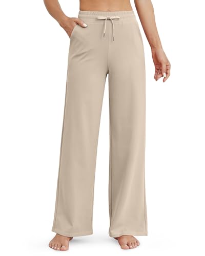 G4Free Weites Bein Jogginghose Damen Sporthose Lang Yogahose Kordelzug High Waist Hose Freizeithose mit Taschen Lang(Helles Khaki,M) von G4Free