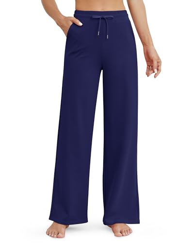 G4Free Weites Bein Jogginghose Damen Sporthose Lang Yogahose Kordelzug High Waist Hose Freizeithose mit Taschen Klein(Marineblau,XL) von G4Free