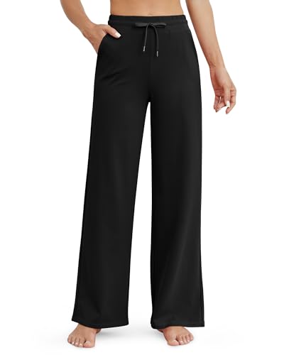 G4Free Weites Bein Jogginghose Damen Sporthose Lang Yogahose Kordelzug High Waist Hose Freizeithose mit Taschen(Schwarz,XXL) von G4Free