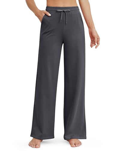 G4Free Weites Bein Jogginghose Damen Sporthose Lang Yogahose Kordelzug High Waist Hose Freizeithose mit Taschen Klein(Tiefes Grau,XL) von G4Free