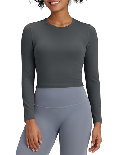 G4Free Langarmshirt Damen Activewear Longsleeve Sportshirt Fitness Crop Tops Basic Langarm Shirt Sport Oberteile Herbst Laufshirt Gym Yoga Workout(Dunkelgrau,S) von G4Free