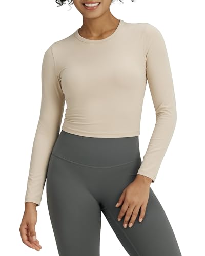G4Free Langarmshirt Damen Activewear Longsleeve Sportshirt Fitness Crop Tops Basic Langarm Shirt Sport Oberteile Herbst Laufshirt Gym Yoga Workout(Khaki,M) von G4Free