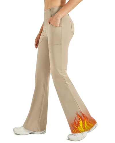 G4Free Thermo Bootcut Yogahose Winter Gefüttert Fleecehose Warme Leggings Schlaghose Stretch mit 4 Taschen für den Freizeitgebrauch Anzughose,Khaki,XL von G4Free