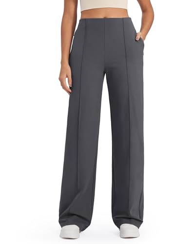 G4Free Hosen Damen Weites Bein Yogahose Sporthose Lang Hohe Taille Freizeithose Business Arbeitshose Stretch Anzughose mit Taschen(Dunkelgrau,S) von G4Free