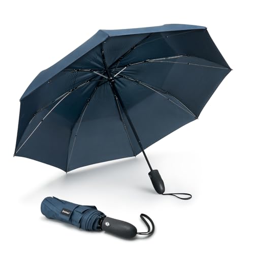 G4Free Winddichter Reise-Regenschirm für Regen, Doppeldach, automatisch, kompakter Regenschirm mit starkem Fiberglas-Rahmen und winddichtem Kabel (Marineblau) von G4Free