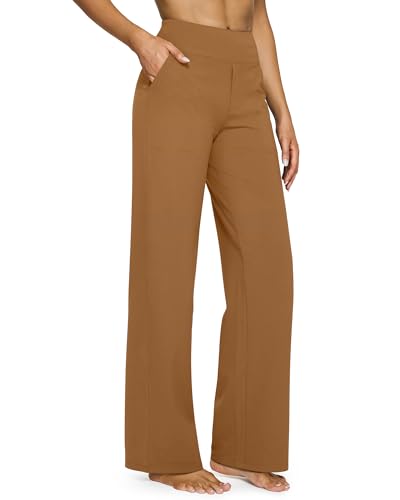 G4Free Yogahose Damen Lang Hohe Taille Elegant Stretch Weites Bein Jogginghose Geschäft Hose Arbeit Bauchkontrolle Lose Gerade Freizeithose mit Taschen (Coca Mocha,XXL) von G4Free