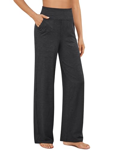 G4Free Yogahose Damen Lang Hohe Taille Elegant Stretch Weites Bein Jogginghose Geschäft Hose Arbeit Bauchkontrolle Lose Gerade Freizeithose mit Taschen (Dunkelgrau Meliert,L) von G4Free