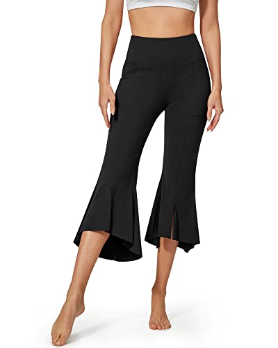 G4Free Yoga Hosen Damen mit Taschen Caprihose Hohe Taille Bootleg Strecken Leggings Schlaghose Rüschen-Schlagboden Sporthose Flare Hose Jazzpants von G4Free