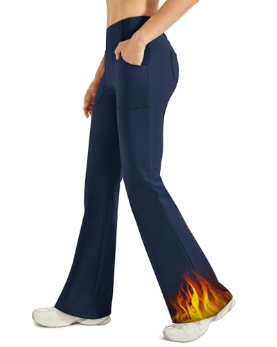 G4Free Thermo Bootcut Yogahose Winter Gefüttert Fleecehose Warme Leggings Schlaghose Stretch mit 4 Taschen für den Freizeitgebrauch Anzughose,Marine,M von G4Free