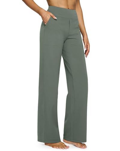 G4Free Yogahose Damen Lang Hohe Taille Elegant Stretch Weites Bein Jogginghose Geschäft Hose Arbeit Bauchkontrolle Lose Gerade Freizeithose mit Taschen (Grau (Grey Sage),XXL) von G4Free