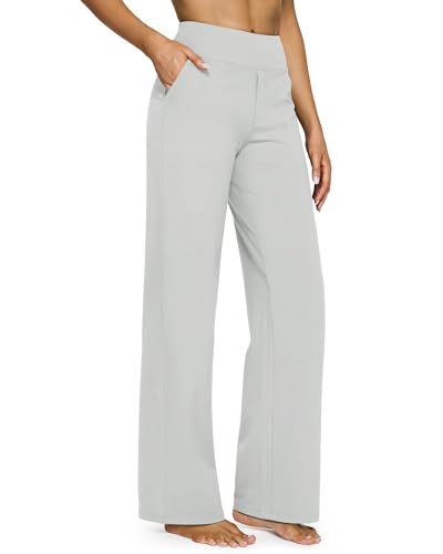 G4Free Yogahose Damen Lang Hohe Taille Elegant Stretch Weites Bein Jogginghose Geschäft Hose Arbeit Bauchkontrolle Lose Gerade Freizeithose mit Taschen (Hellgrau,S) von G4Free