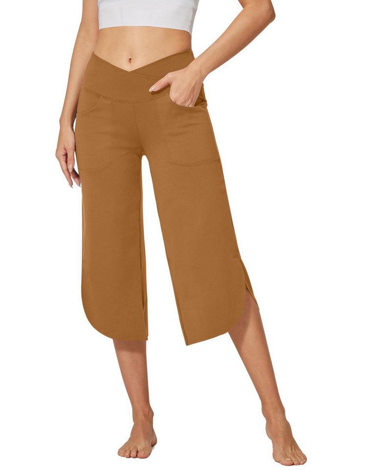 G4Free Yogahose G4Free Damen Weites Bein Caprihose High Waist 3/4 Straighthose Sommer mit Taschen Bootleg Strecken Schlaghose Bootcut von G4Free