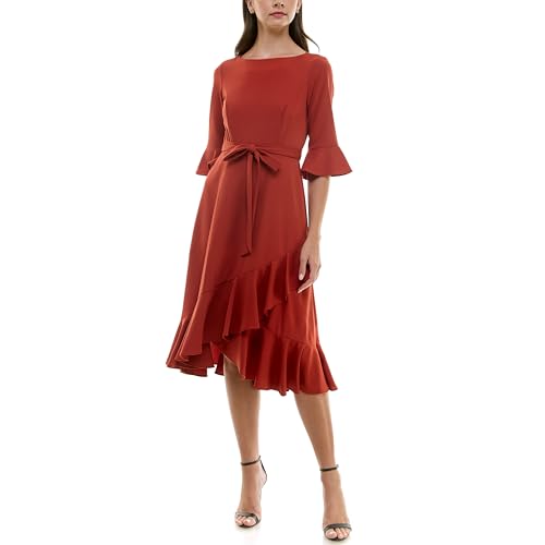 Gabby Skye Damen Savannah Crepe Ruffle Hem Sheath Midi Dress Lässiges Business-Kleid, Rost, 40 von GABBY SKYE